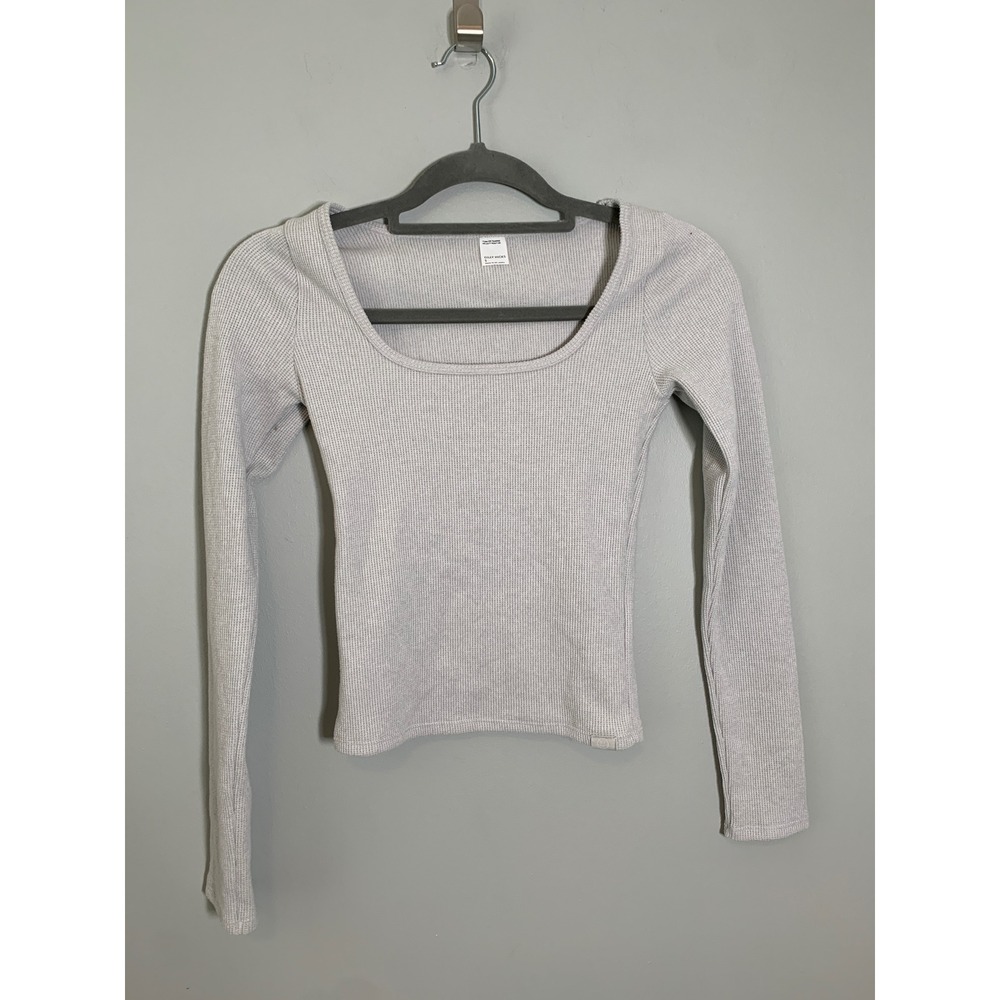Gilly Hicks Waffle‎ Knit Top Women Size S Gray Square Neck Long Sleeve Thermal